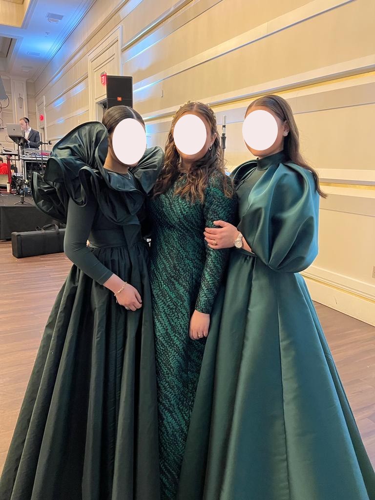 Green silk Italian taffeta gown with frill shoulder ruffles for sale