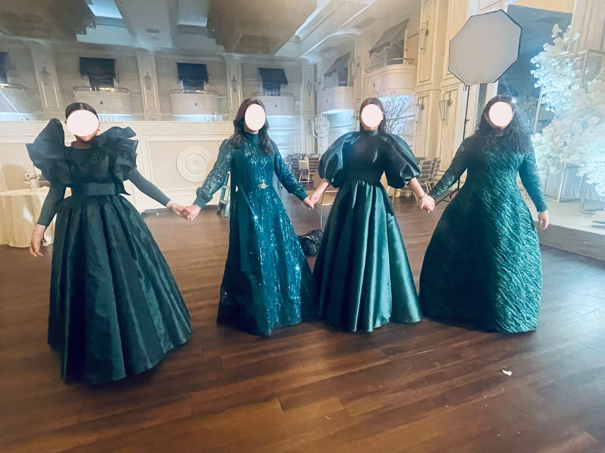 Green silk Italian taffeta gown with frill shoulder ruffles for sale