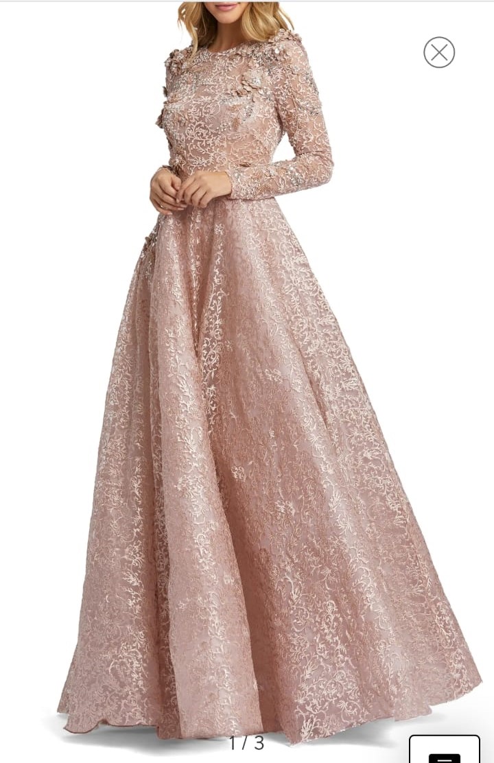 Beautiful embellished illusion long sleeve pink A line gown for sale