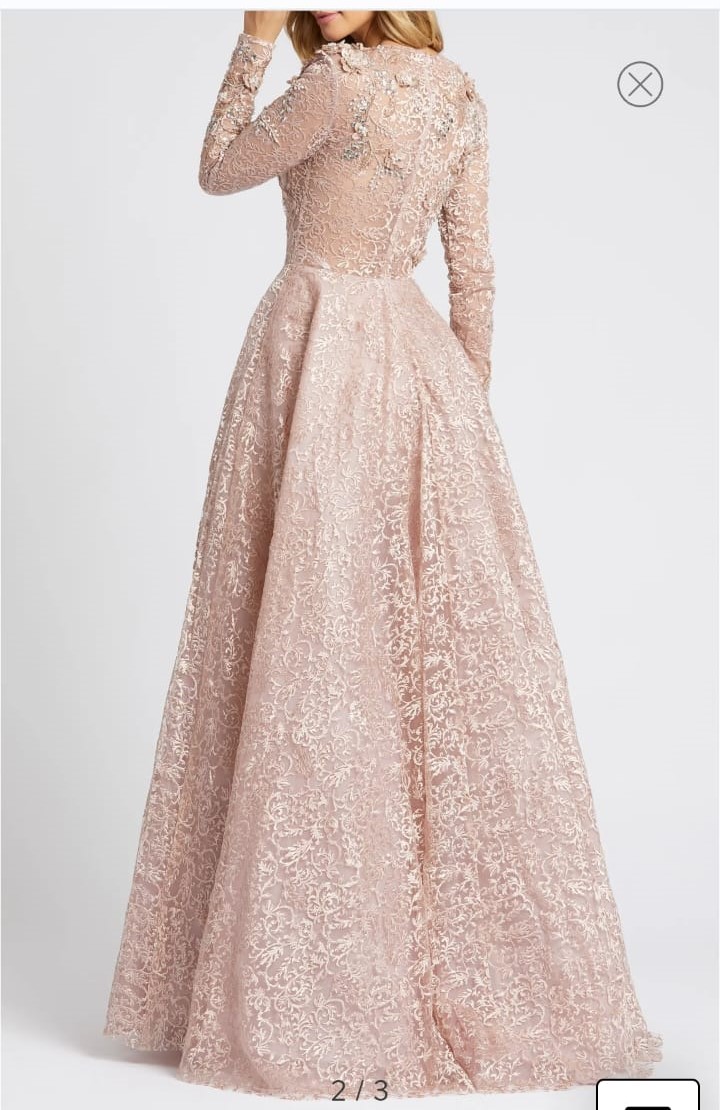 Beautiful embellished illusion long sleeve pink A line gown for sale