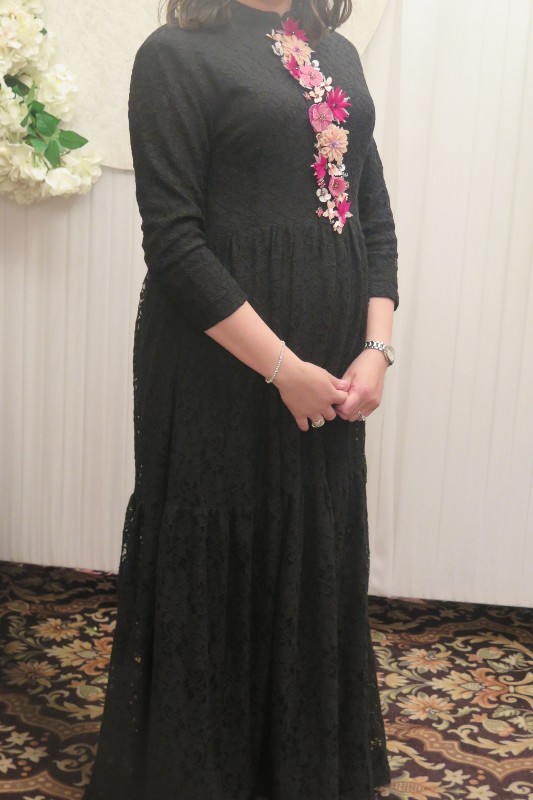 Elegant and slenderizing black and pink gown for sale