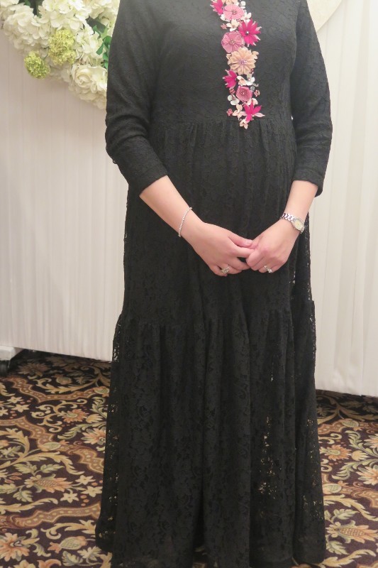 Elegant and slenderizing black and pink gown for sale