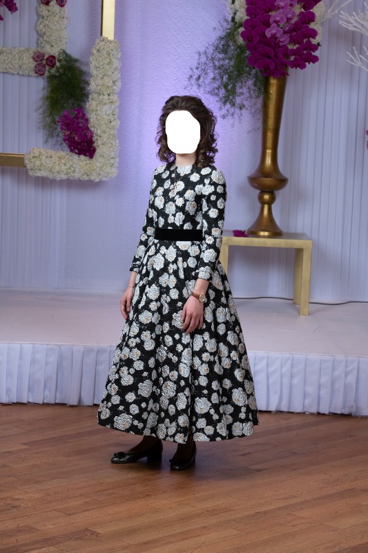 Black Gown with White, Silver & Gold Flowers for sale
