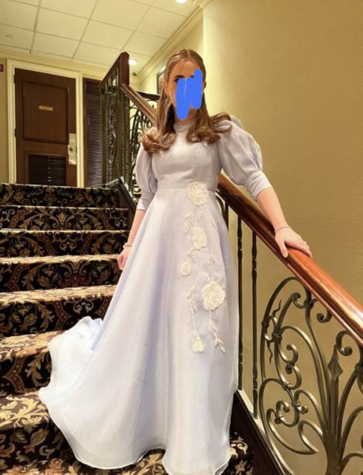 Beautiful light blue custom sewn gown for rent/sale