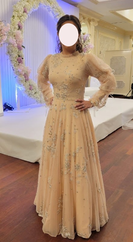 Stunning Raquel Couture beaded gown for sale