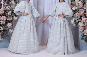 Gorgeous White lace over light blue, all year round gown for sale