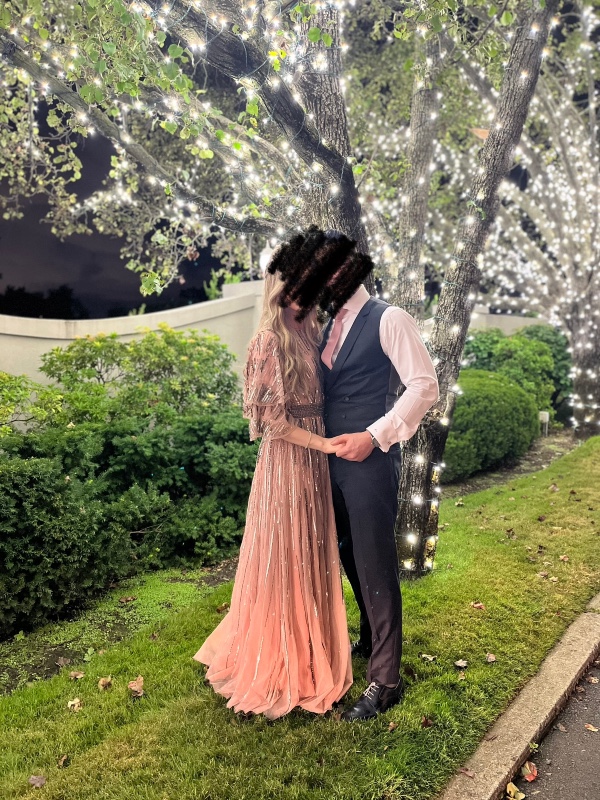 Elegant blush pink Mac Duggal gown for sale