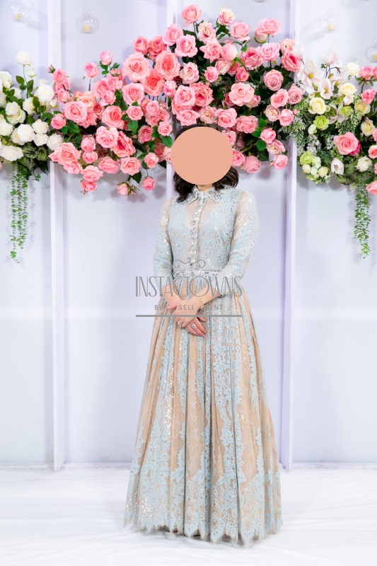 Stunning blue and tan lace with silver shine mother of the bride gown for sale