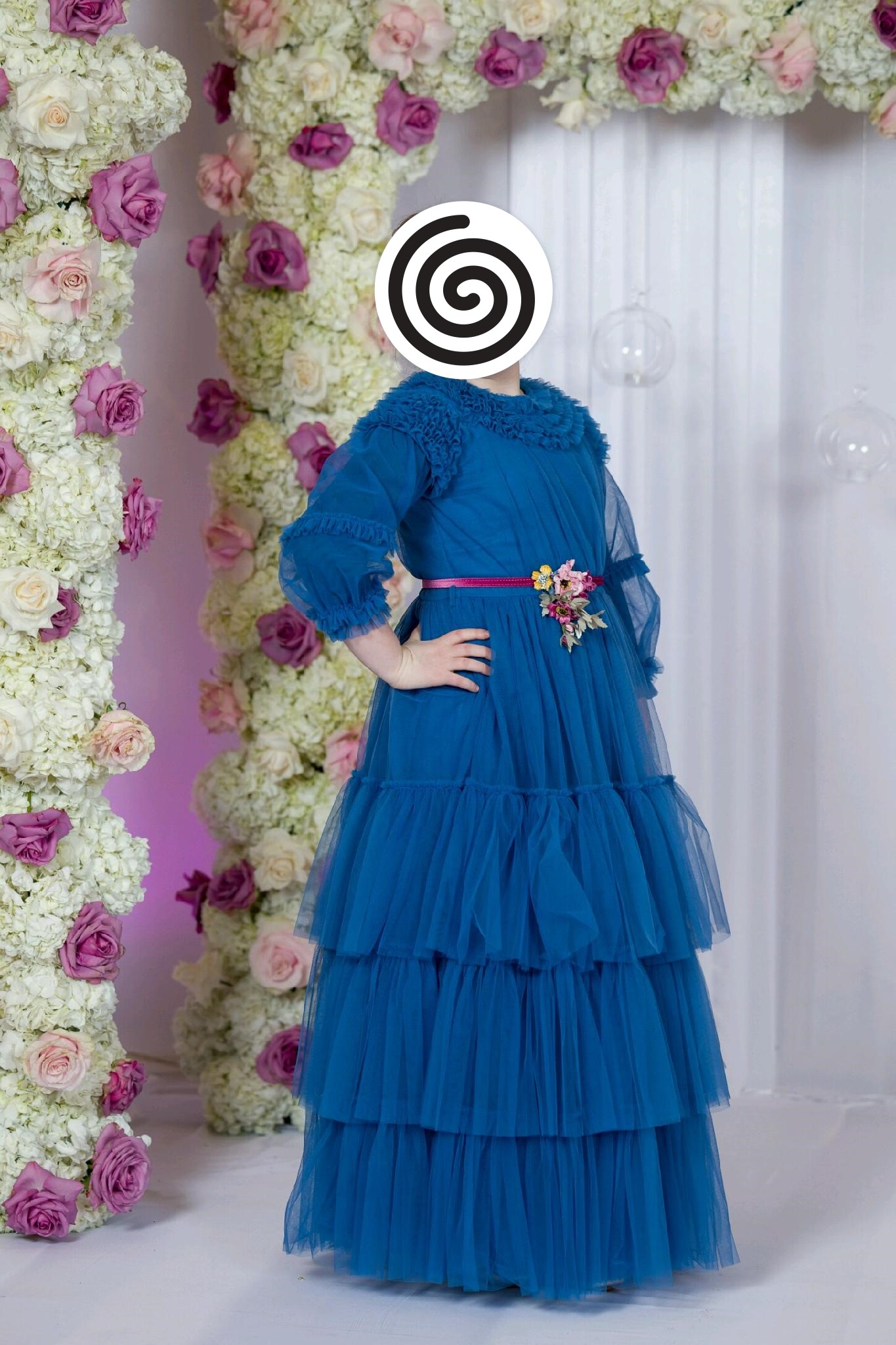 Monna Lisa show-stopping blue gown with pink belt for sale