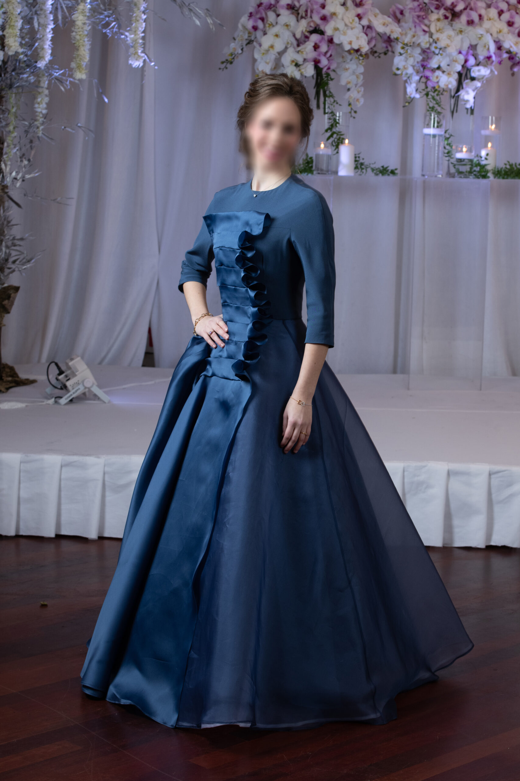 Beautiful custom deep dusty blue gown for sale