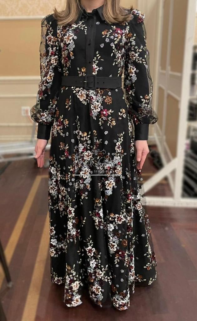 Classy Black with Multi-Color Floral Beading Gown For Sale