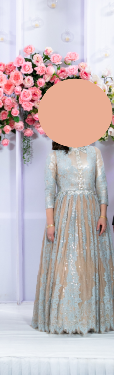 Stunning blue and tan lace with silver shine mother of the bride gown for sale
