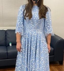 Exquisite dusty blue gown with wing sleeves for sale