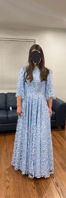 Exquisite dusty blue gown with wing sleeves for sale