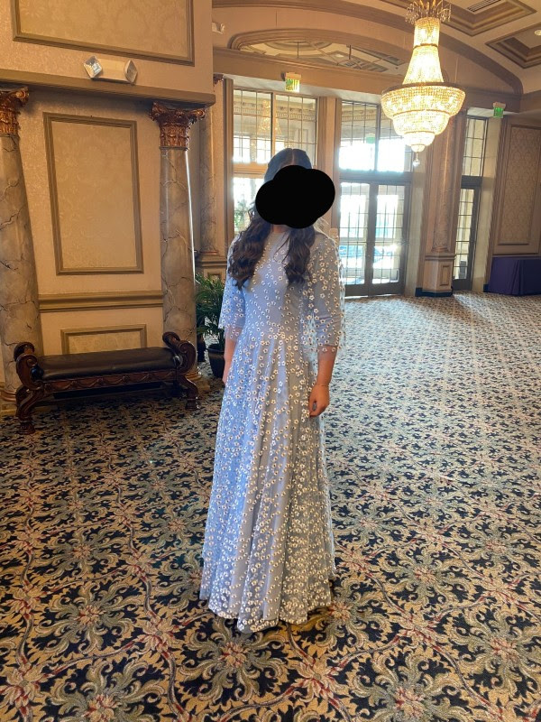 Exquisite dusty blue gown with wing sleeves for sale