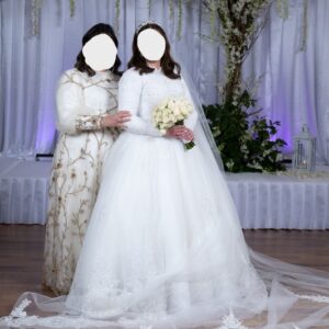 Custom ivory gown with gemstone beading for sale