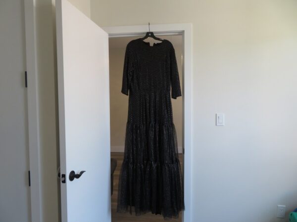 "exquisite gowns" black and silver gown for sale