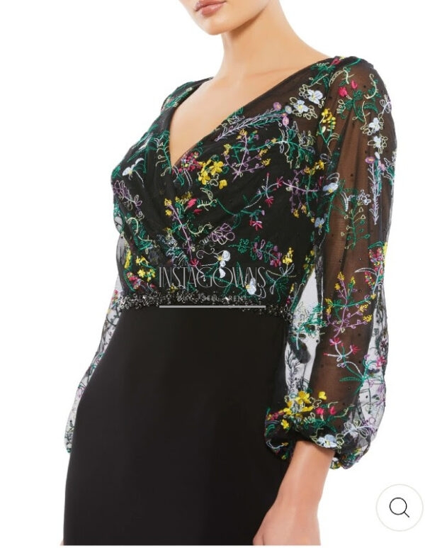 New With Tags! Mac Duggal Embroidered Illusion Puff Sleeve Column Gown for sale