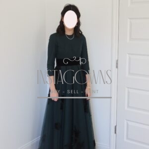 Custom green tulle gown, with black velvet belt for rent/sale