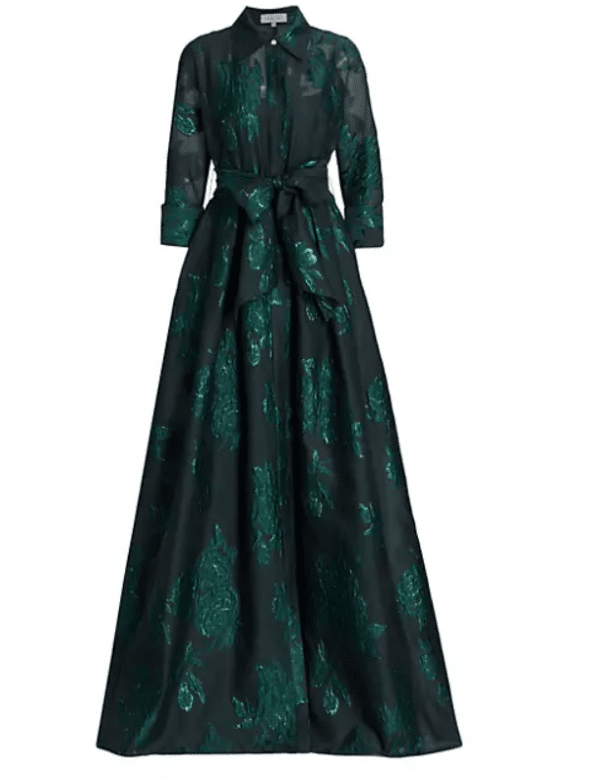Elegant Teri Jon Metallic Jacquard Shirtdress Gown With Floral Print for Sale