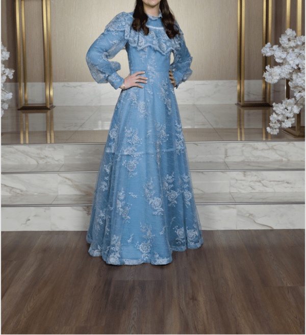 Dusty blue gown with floral lace overlay for sale