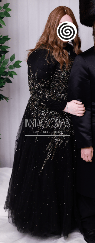 Elegant custom black and gold tulle plus size gown for sale