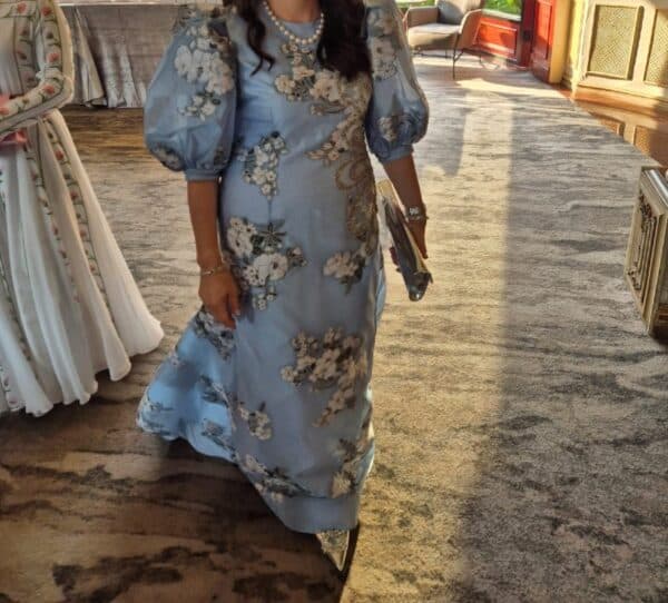 Sky blue Raquel Couture mother of the bride gown for sale. Summer 2024