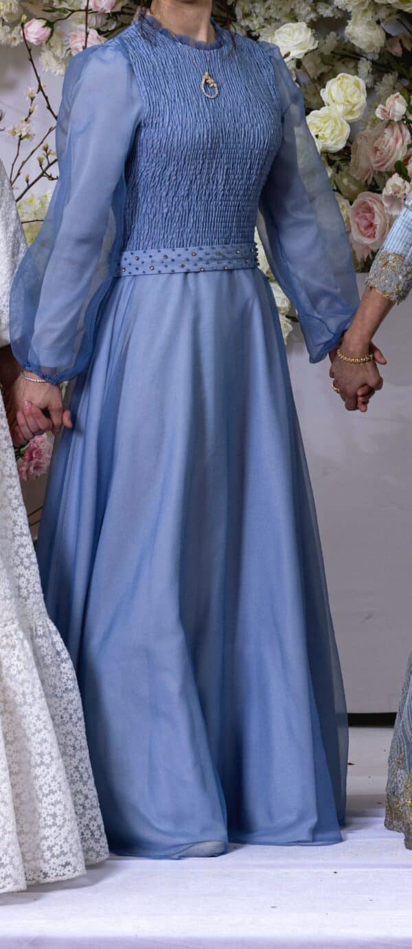 Exquisite Elegant Dusty Blue Gown Ruched Top With Rhinestone Belt For Sale