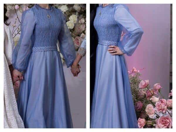 Exquisite Elegant Dusty Blue Gown Ruched Top With Rhinestone Belt For Sale