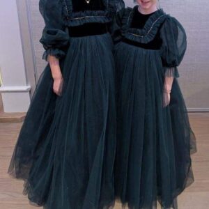 Stunning rich green velvet and tulle gowns for sale