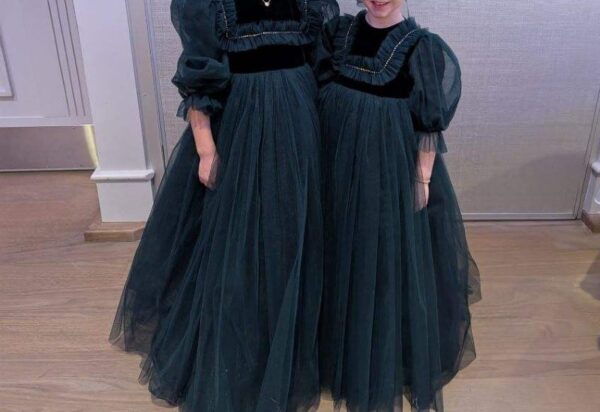 Stunning rich green velvet and tulle gowns for sale
