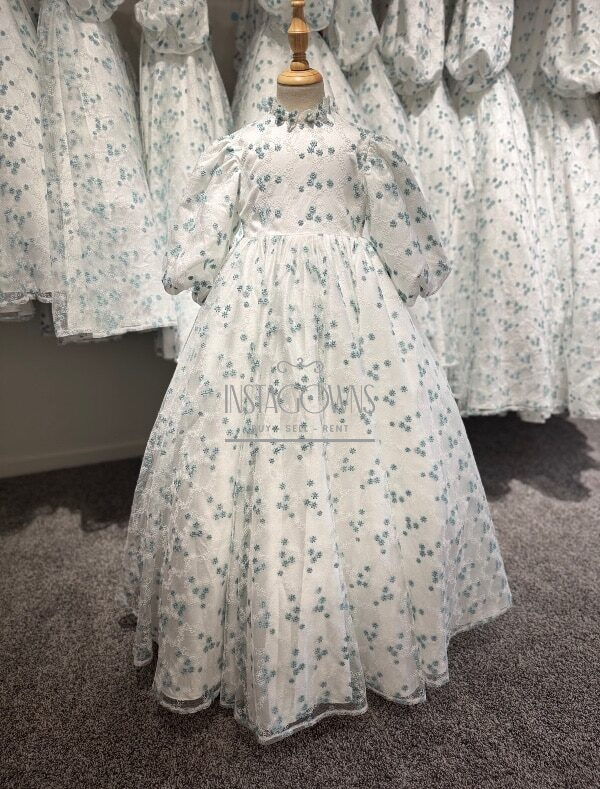 14 Brand new magnificent Mini embroidered sea/light blue and white floral gowns for sale