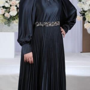 Elegant Blue Silk Pleated Gown with Beaded Belt For Sale