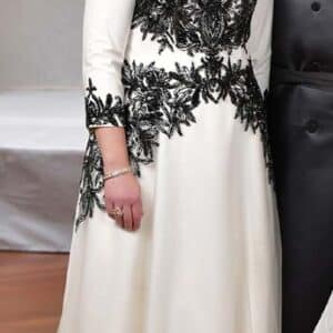 Elegant white with black beading mother-of-the-bride slenderizing gown for sale