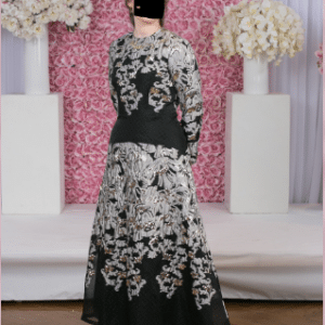 Elegant slenderizing black gold and silver dress for sale