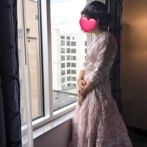Elegant pink and ivory feathered gown for sale or rent