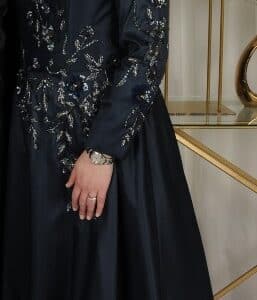 Beautiful custom made navy beaded silk and wool gown for sale