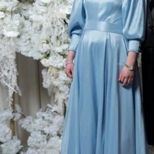 Blue satin gown with rhinestones for sister of the bride for sale
