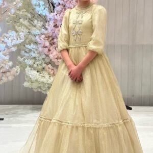 Glittering Gold Preteen Zoe Gown with Pearl Bows for sale or rent