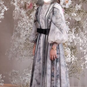 Saiid Kobeisy Stunning printed puff sleeves tulle designer gown with belt for sale or re