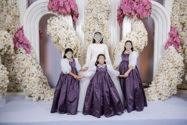 Three matching adorable custom little girls soft eggplant gown organza blouse with embroidered collar for sale
