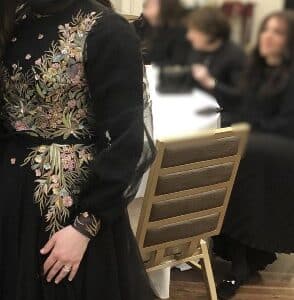 Elegant Black Silhouette Gown with Colored Floral Embroidery for Rent