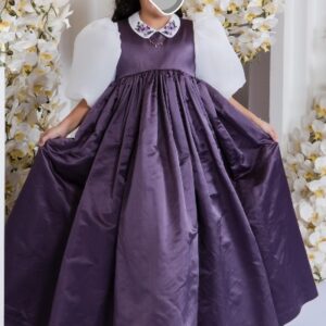 Three matching adorable custom little girls soft eggplant gown organza blouse with embroidered collar for sale