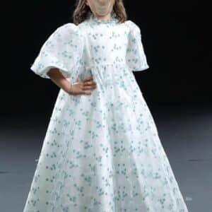 Elegant white gown with teal blue flowers for sale