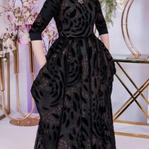 Stunning Designer Cut Rich Black Velvet Gown With Pink Accents
