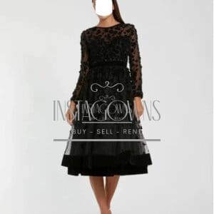 Mac Duggal Black Embellished Illusion High Neck Long Sleeve Fit & Flare Dress