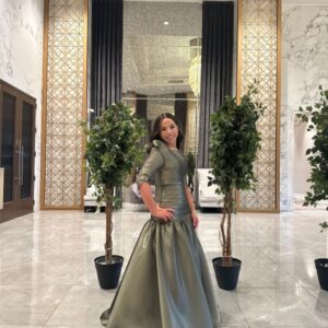 Stunning Luminous Twill Organza Gown in a Light Olive Color.