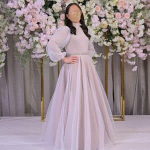 Gorgeous taupe gown for sale.