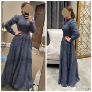 Elegant blue-grey semi custom Silhouette gown for sale