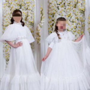 Beautiful coordinating white tulle gowns with pastel floral embroidery for sale